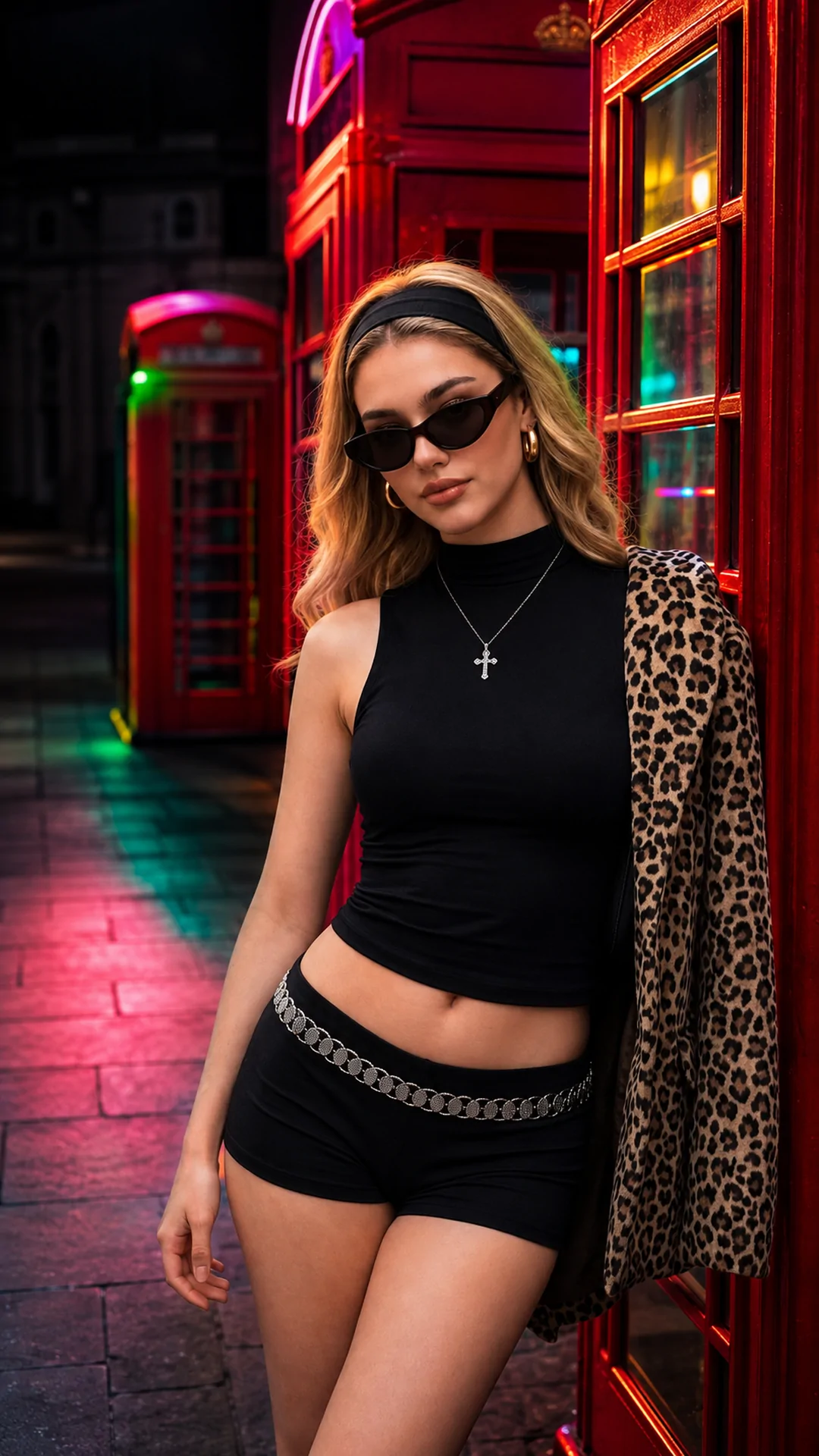 A fashion portrait in a neon-lit London phone booth